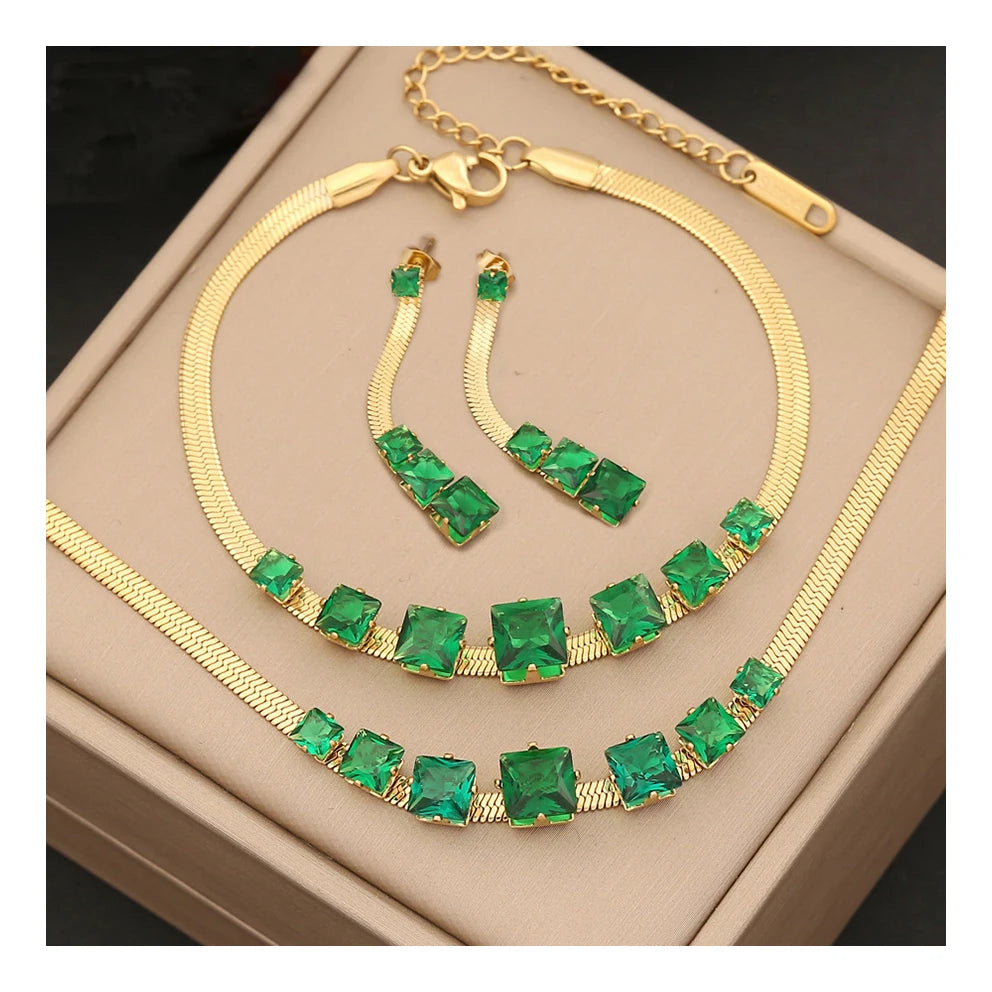 Stainless Steel Necklace Sets Earring Bracelet Gold With Emerald Green Zircon Diamonds Jewelry Sets