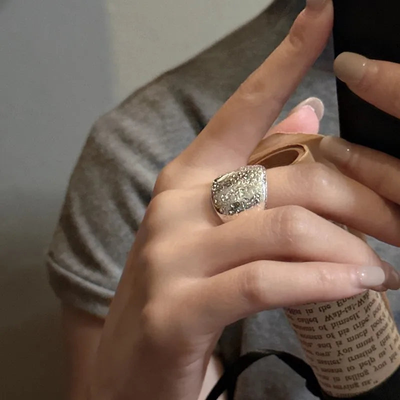 Luxury 925 Sterling Silver Big Chunky Texture Finger Rings for Women Girls Fine Jewelry