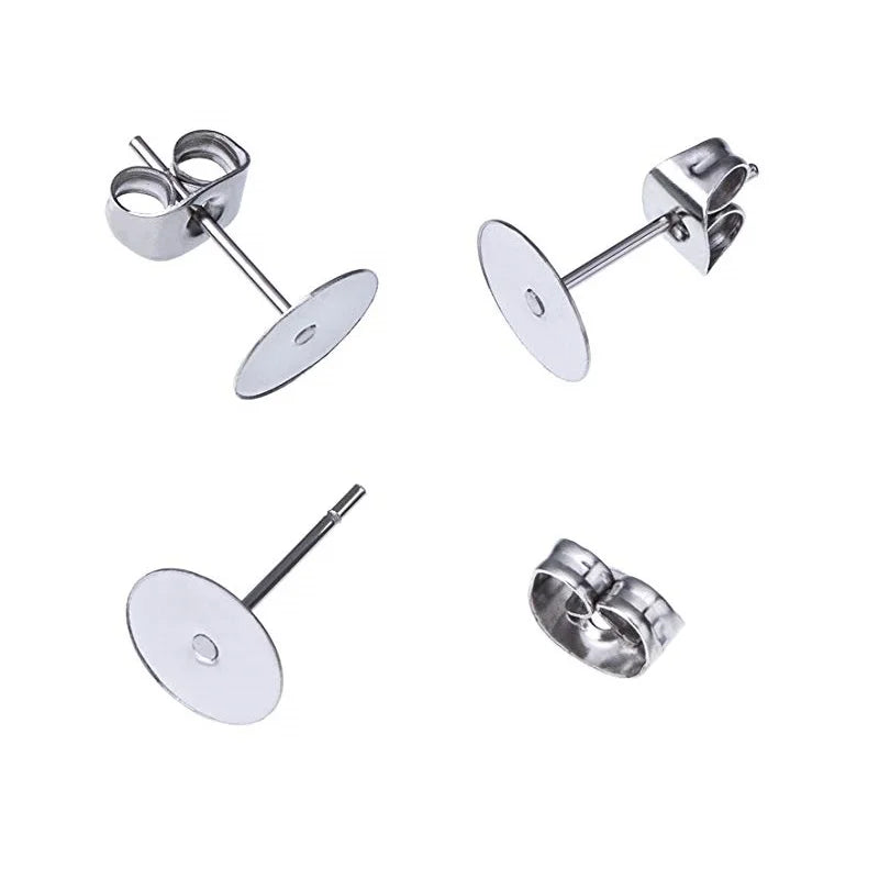 100 Sets /Stainless Steel Cabochon Earrings Backs Settings Blank Round Base Stud Ear Flat Base Plug Jewelry DIY Earring Finding