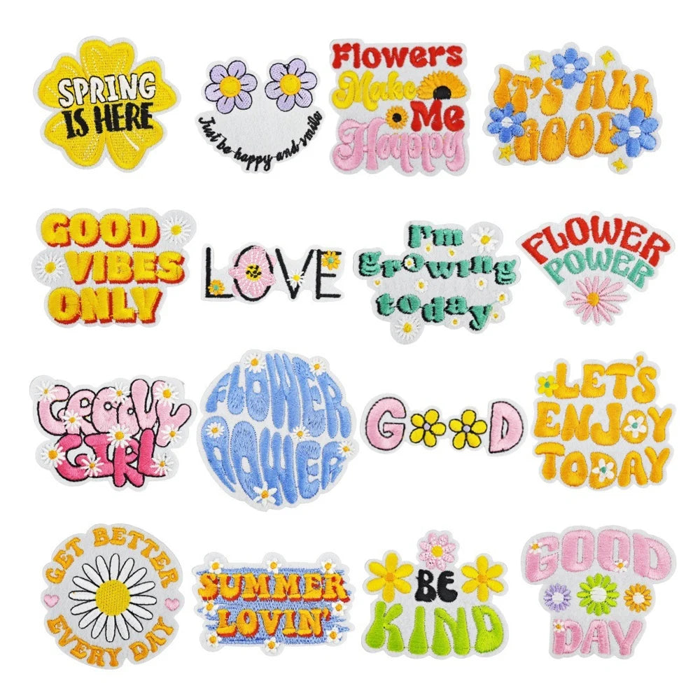 Good Vibes Bohemia Design Cute Flower Embroidery Iron on Backing Phrases Good Day Patches for Clothing Hat Bags