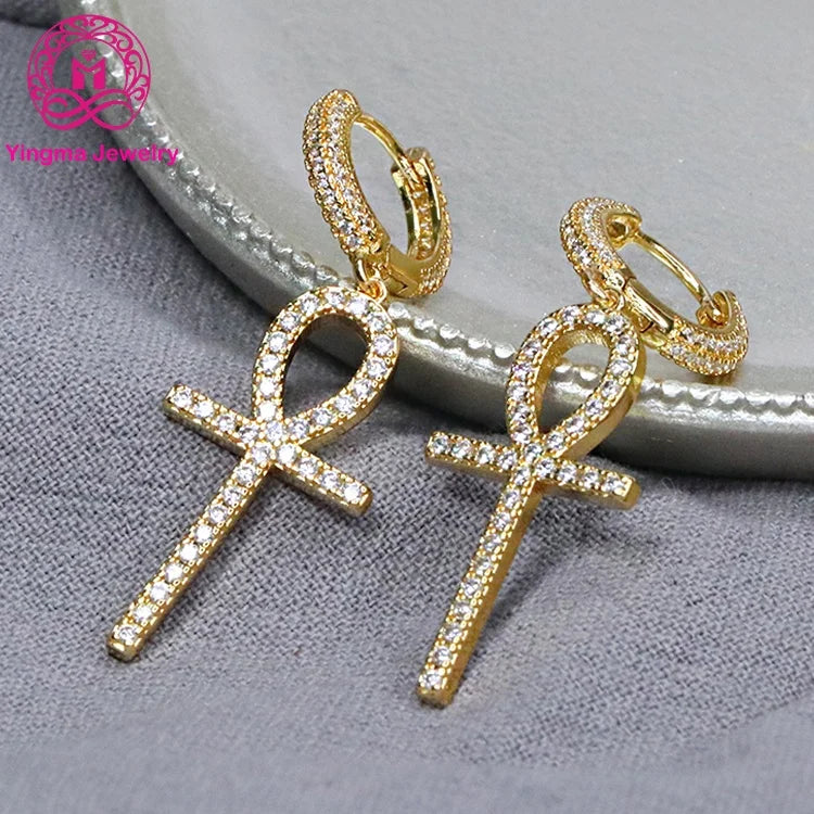 Elegant Moissanite Hoop Earrings  D Color VVS1 Clarify Hip Hop Circle Earrings 14K Yellow Gold Moissanite  Earrings with Cross