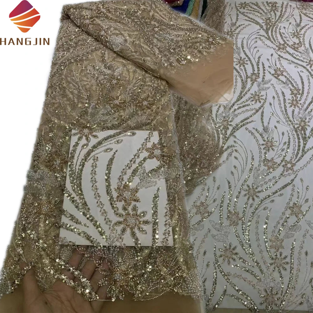Luxury African Lace Fabric French Hand Made Embroidered Tulle Beaded and Sequins Lace Fabric for Nigerian Wedding Dress