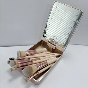 2024 New Makeup Brush Set with Mirror Case Custom Logo 14PCS Travel LED Mirror Makeup Brush Set
