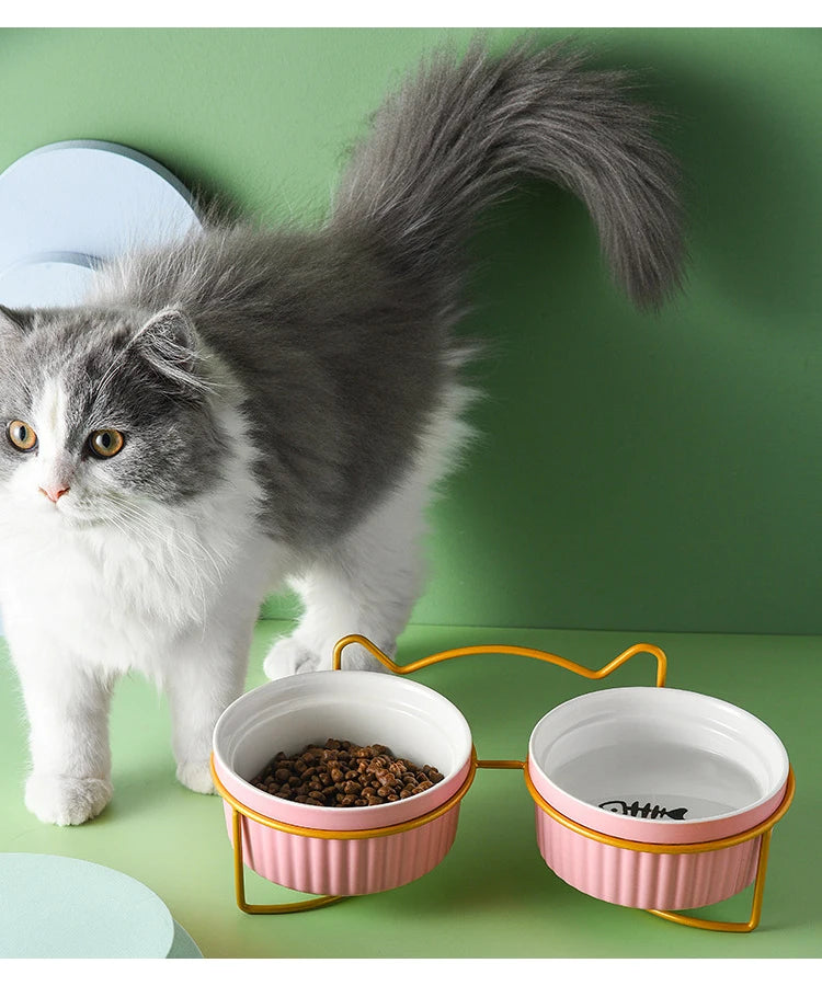 Striped Cat Bowl with Tall Iron Frame Tilt Design Protective Cervical Spine Ceramic Pet Food Water Drinking Double Bowl