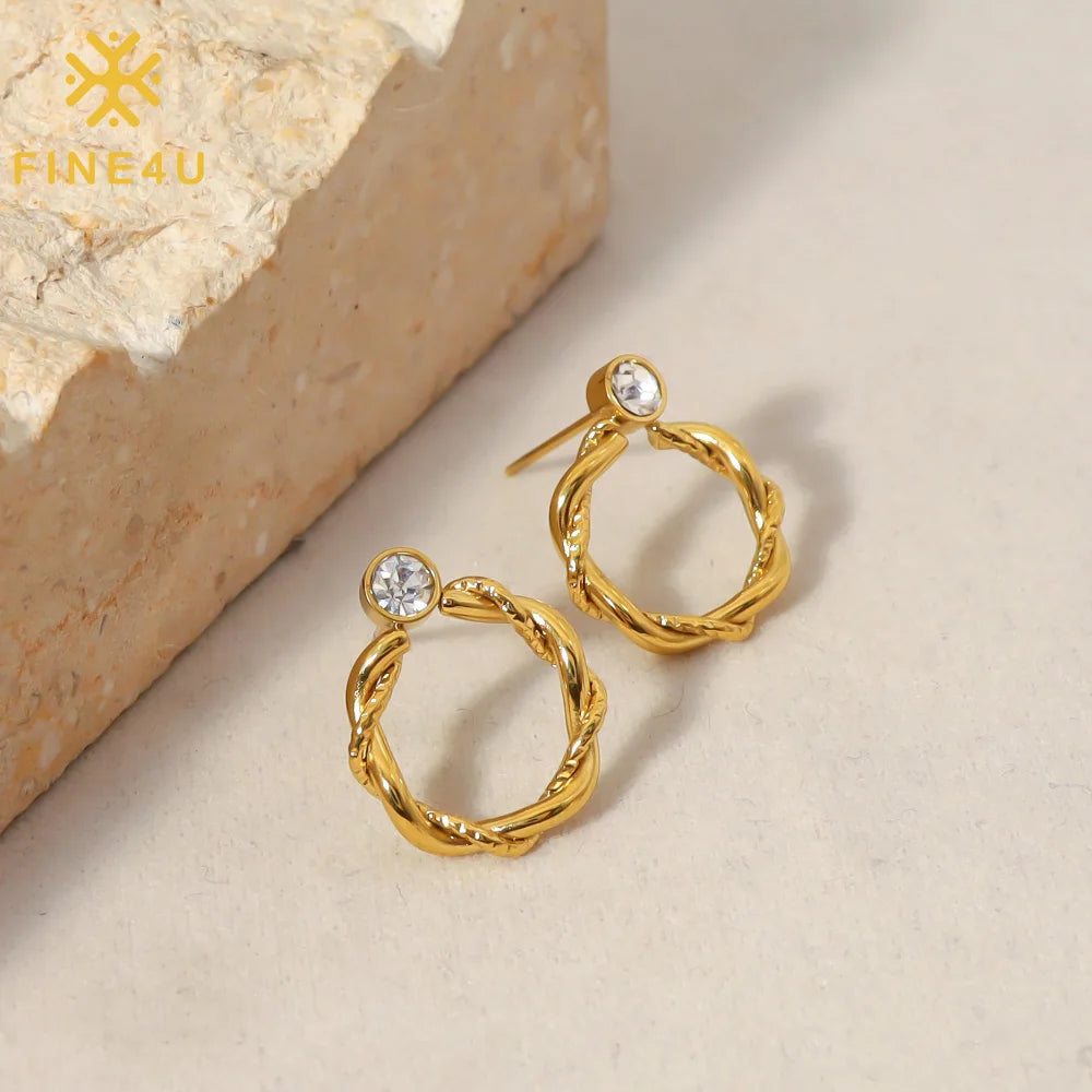 Trendy 18K Gold Plated Stainless Steel Twisted Hoop Zircon Diamond Stud Earrings for Women