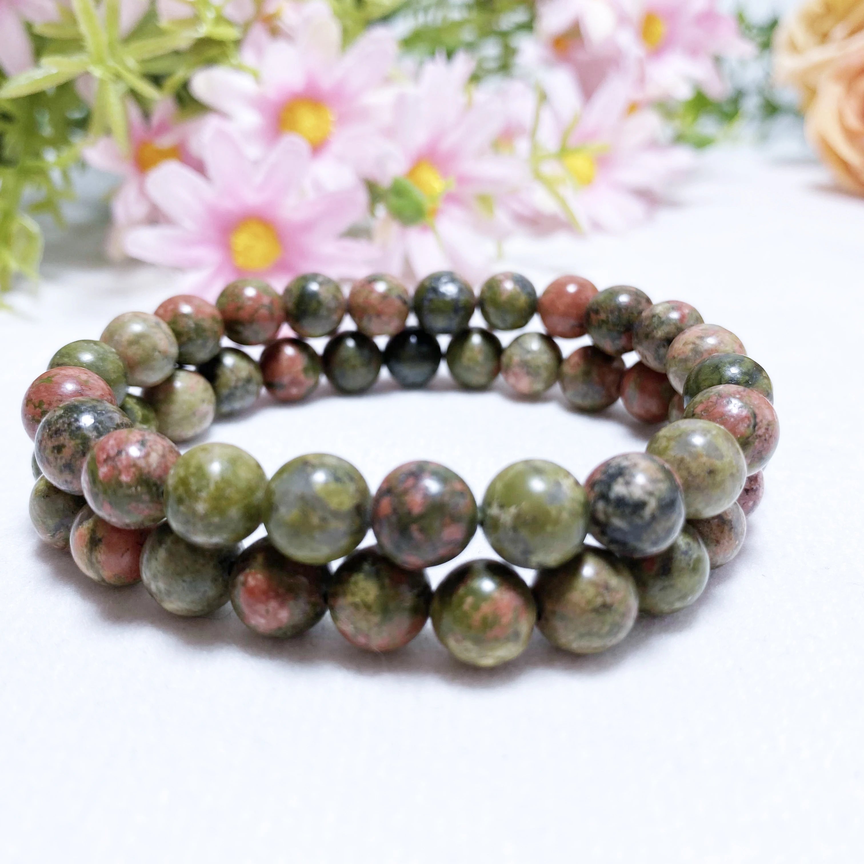 Precious Real Lucky Healing Natural 8mm Unakite Crystal Stretch Stone Bead Bracelets for Women and Men