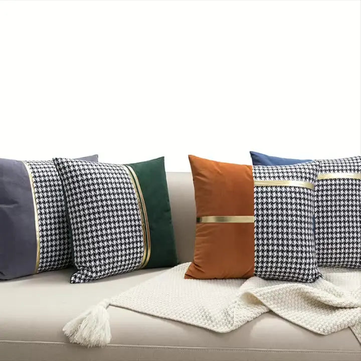 Amity Wholesale Decorative Concise Style Leather Splicing Houndstooth Cushion Cases Throw Pillow Cover