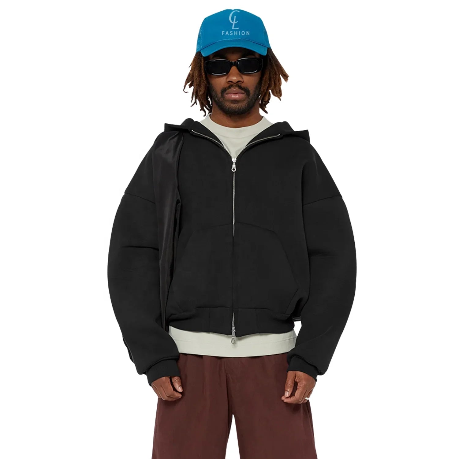 Custom Blank Oversized 400gsm 450gsm 500gsm 100% Cotton Cropped Boxy Drop Shoulder Double Zip up Double Layer Hoodie Men