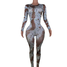 Fashion Elastic Plus Size Romper Showgirl Outfits Pole Dance Leotard Adult Stage Performance Bodysuits Women One Piece Jumpsuits