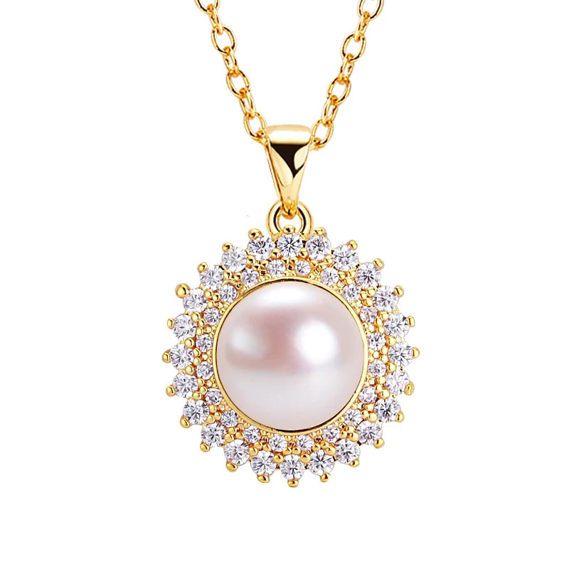 Hot Sale 18K Gold Plated  Zircon Pearl Pendant 10mm Natural Freshwater Pearl Necklace Jewelry