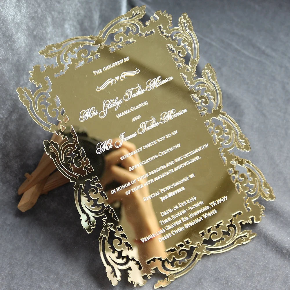 Luxury Gold Mirror Acrylic Lasercut Wedding Invitation Cards MegaBDM