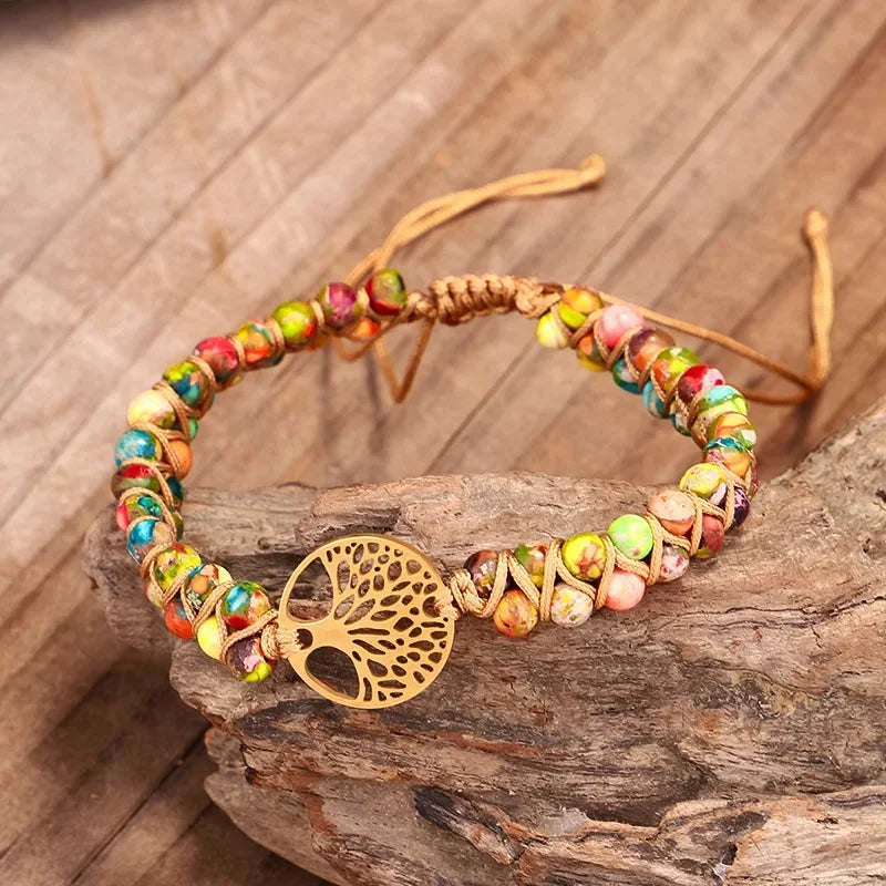 4mm Natural Stone Bracelet for Women Sea Sediment Jasper Gemstone Bracelet Handwoven Tree of Life Crystal Bracelet