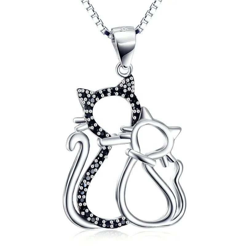 GP69 925 Sterling Silver Black White Cat Necklace Women Animal Necklace Pendant Lovers Gift Mom and Kids Mother Gift Jewelry