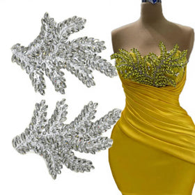 WRP-101 Custom Latest Leaf Shape Iron Patch Silver Rhinestone Applique Hot-Fix on Clothes Bodice Applique