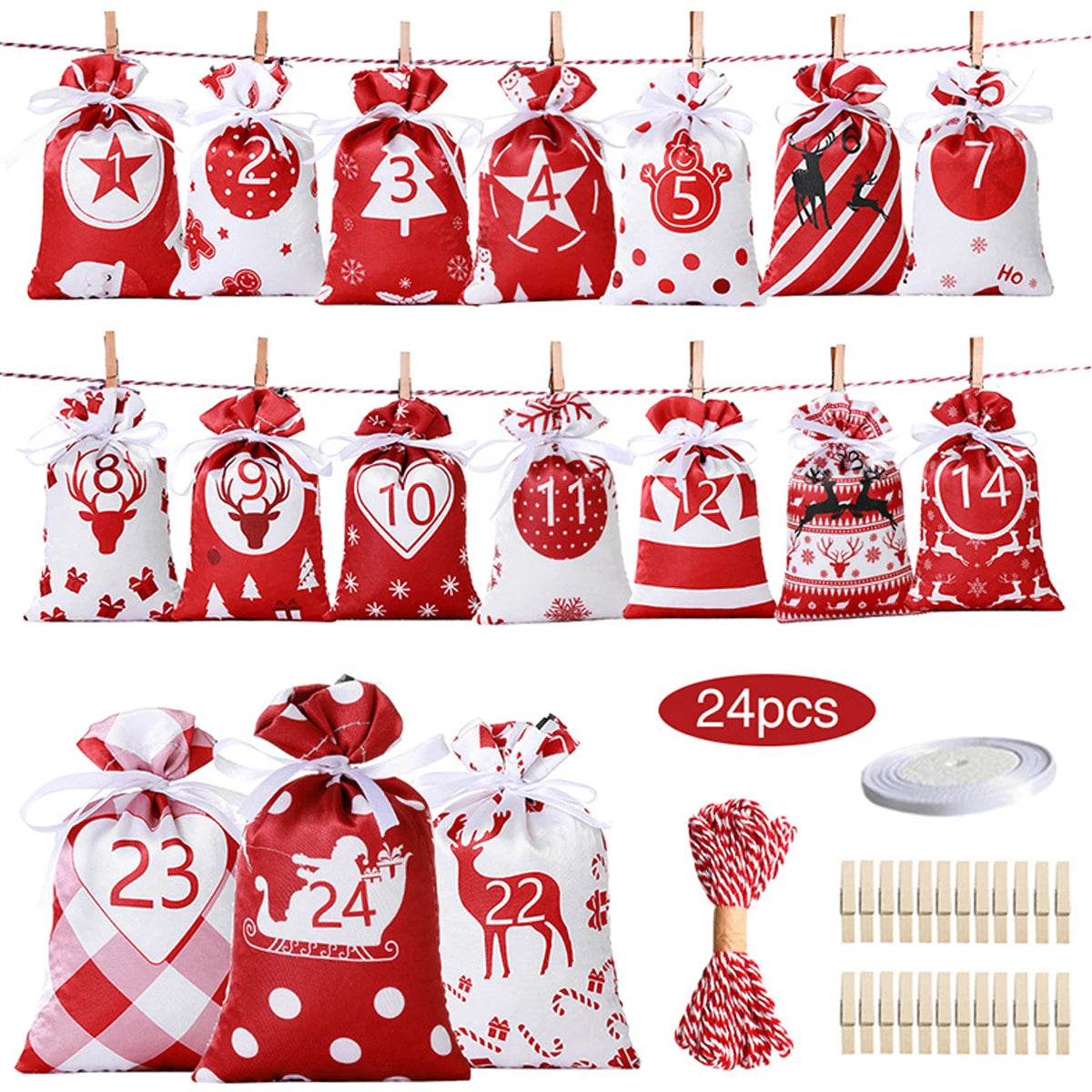 24Days Christmas Advent Calendar Customized Gift Bags DIY Set Eco Friendly Reusable Satin 10*14cm Factory Wholesale