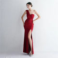 18933# Satin Cloth New Slim-fit Single Shoulder Long Celebrity Dinner Slimming Dress Wedding