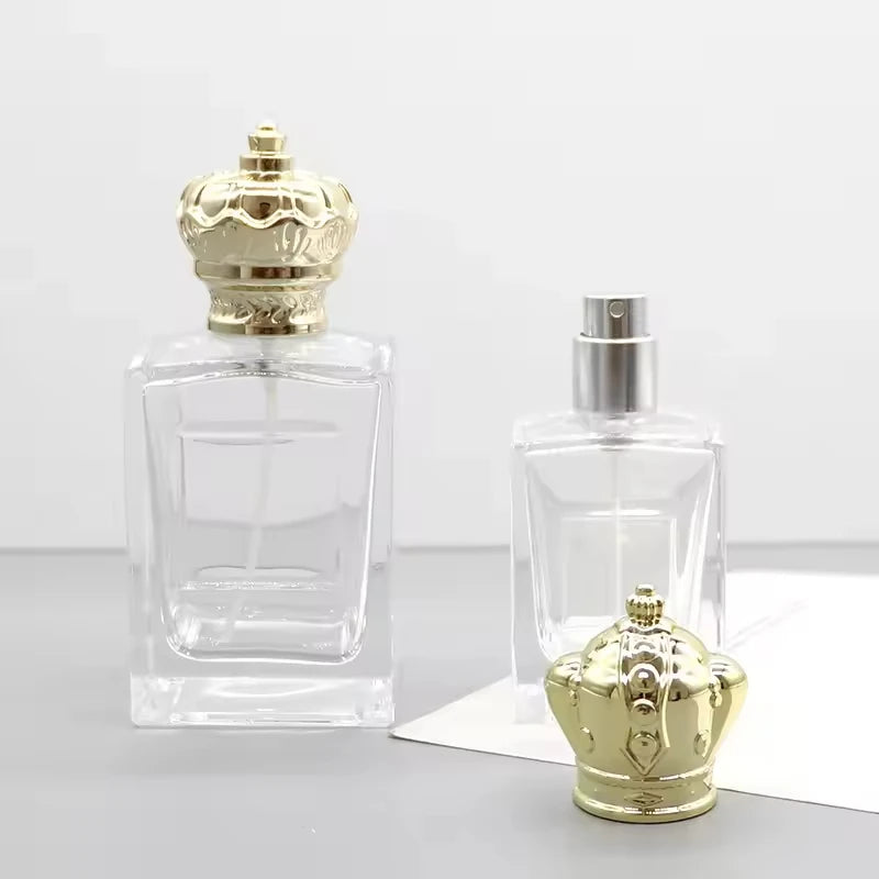High End  Empty  50ml 100ml  Thick Bottom Glass Perfume Hot Selling Gold Silver Sprayer and Crown Cap Crimp Bottle