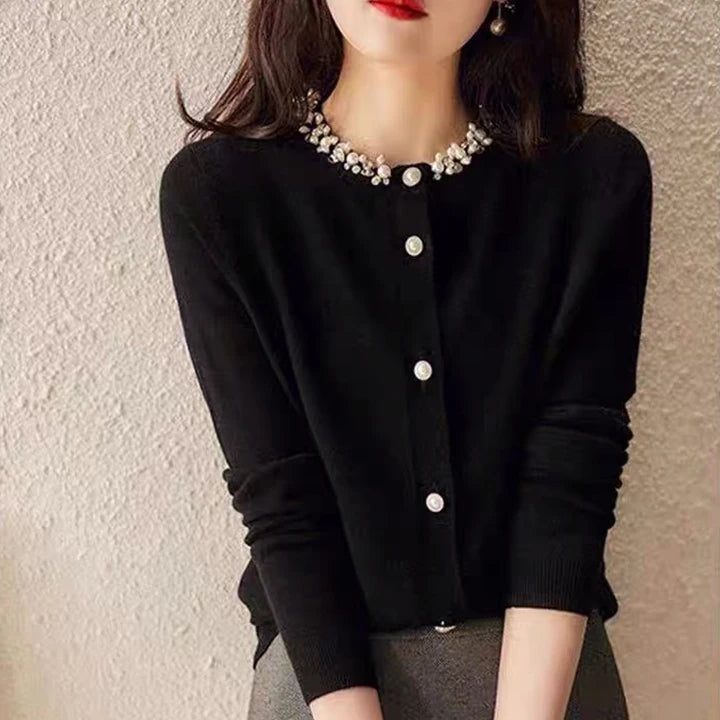 Korean Autumn Beaded Knitted Cardigan Sweater for Women Tops Simple Basic Casual Long Sleeve Vintage Cardigan Coats
