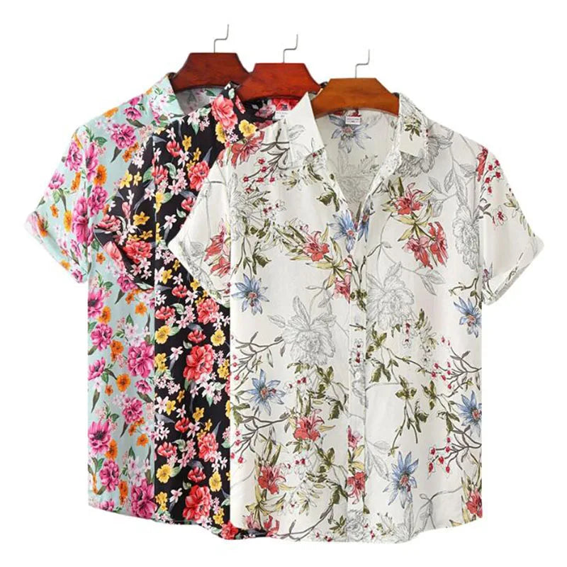 RNSHANGER Flower Floral Pattern Men Shirts Summer Casual Short Sleeve Hawaiian Beach Male Shirts Men's Cotton Polyester Shirts