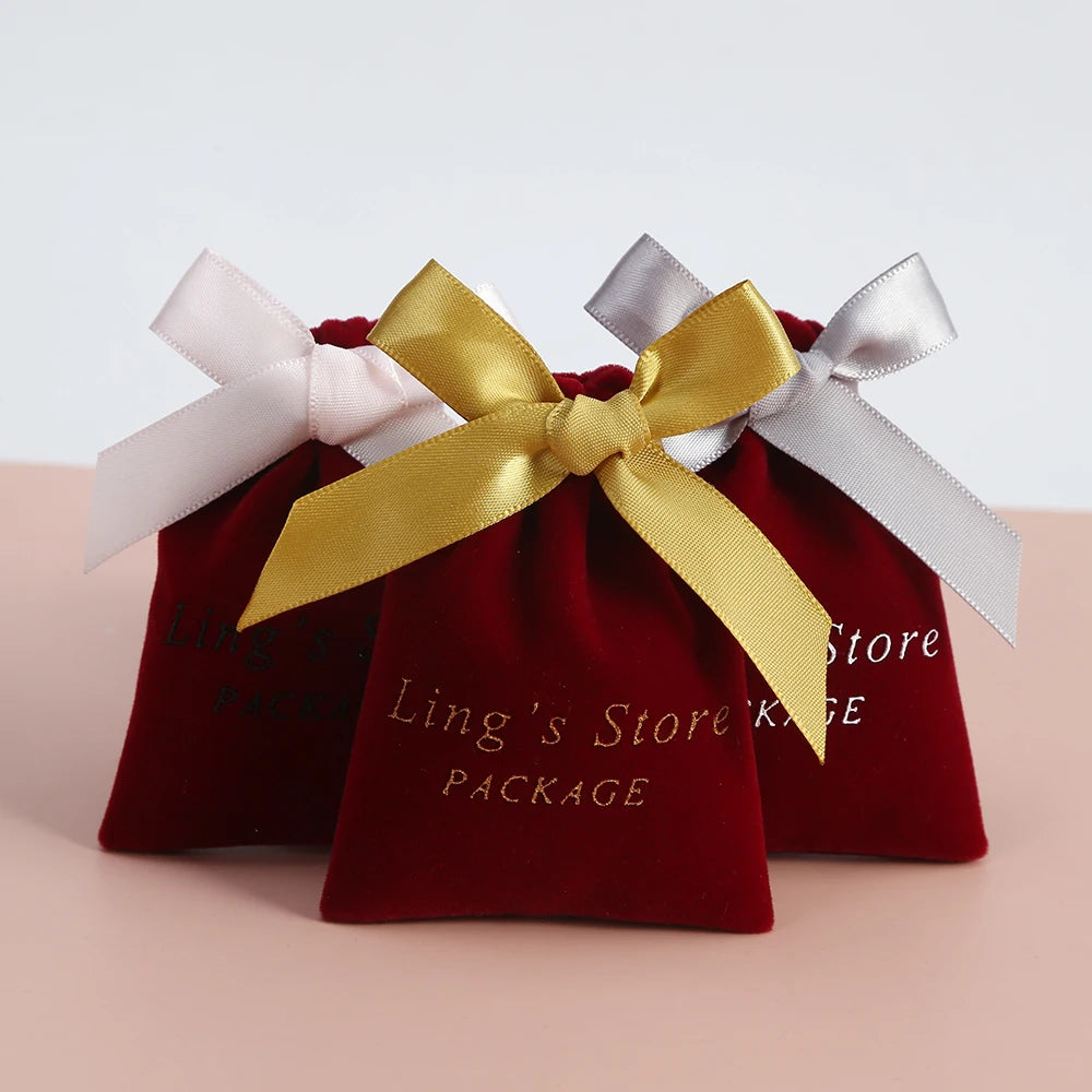 Luxury 10*12cm Burgundy Plush Packaging Bag Gold Printed Soft Velvet for Jewelry Necklace Bracelet Drawstring Gift Pouch Ribbon