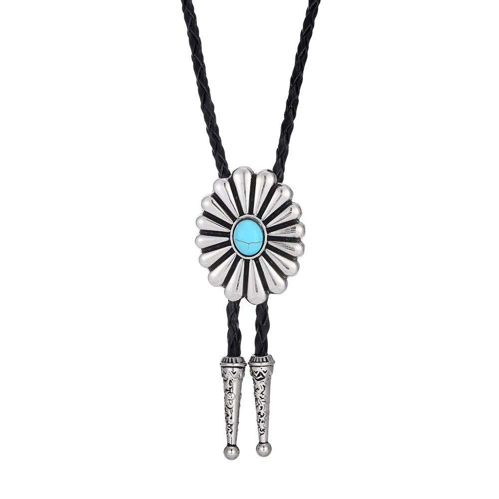 Hot Sale Men's Western Cowboy Bolo Tie Necklace Fashionable Natural Turquoise with Gold Plating for Parties