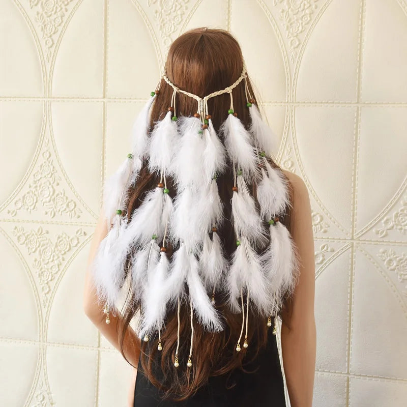 Latest Hairband Designs Leather Rope White Feather Headbands Wood Beads Bohemian Hair Accessories