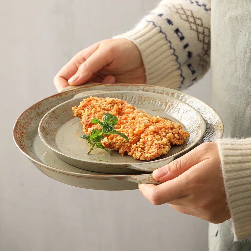 10inch Japanese Style Ceramic Clay Round Handmade Shallow Western Food Sushi Pasta Salad Dinner Plate Dish Home Dinnerware Set