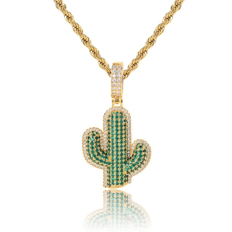 Fashionable Trendy Gold Plated Brass Zircon Green Plant Full Cactus Pendant Necklace for Women Wedding