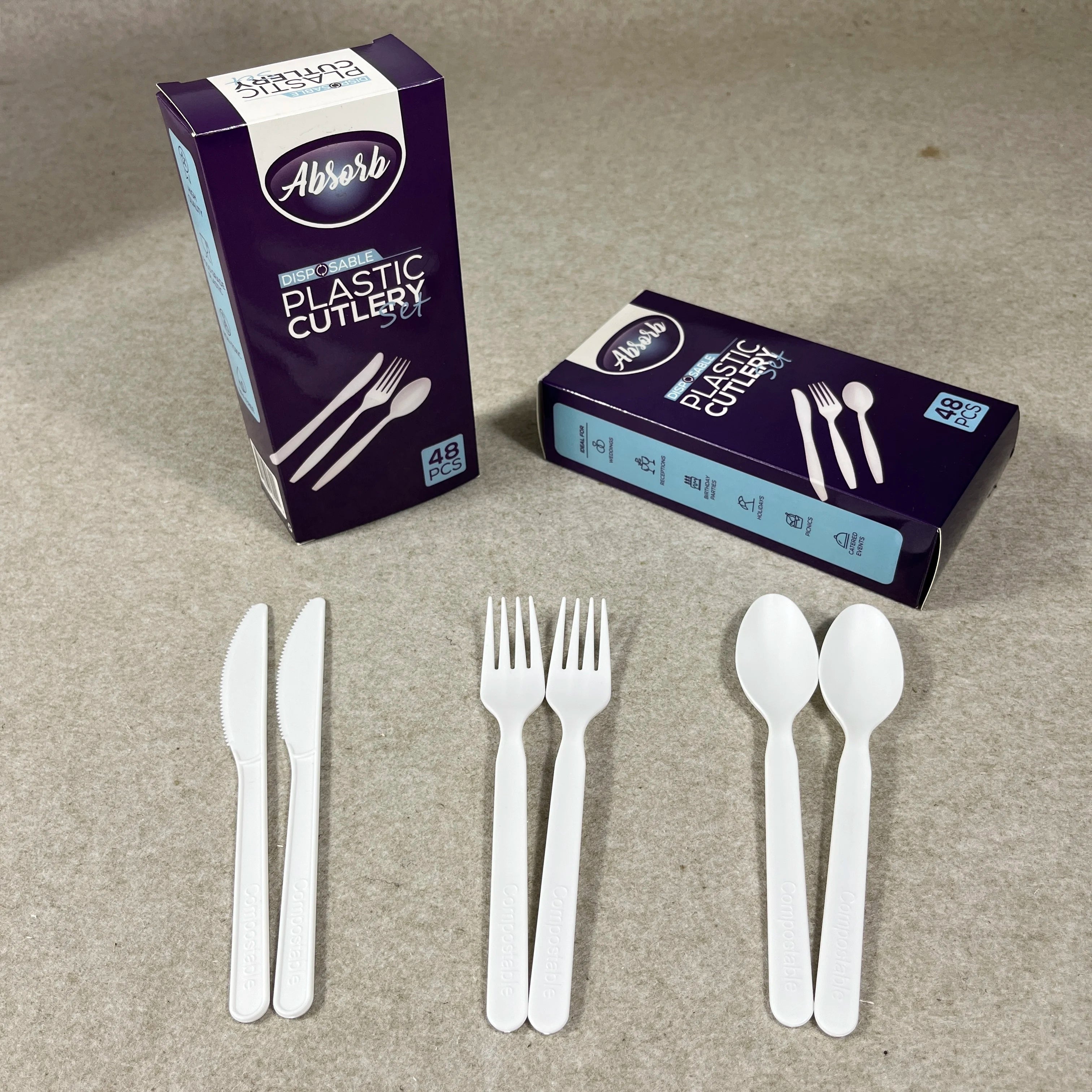 100% Compostable CPLA Corn Starch Plastic Free Disposable White 7-Inch Cutlery Set 100 Pack Knife Fork Spoon
