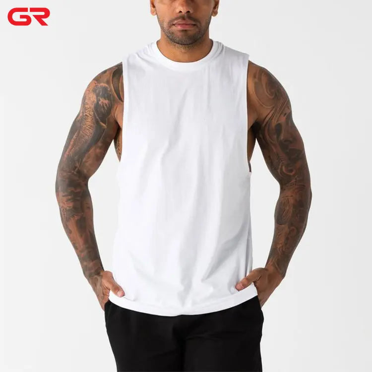 100% Cotton Lightweight Breathable Crew Neck Loose Fit Custom Logo Silk Screen Printed Workout Gym Tank Top for Men