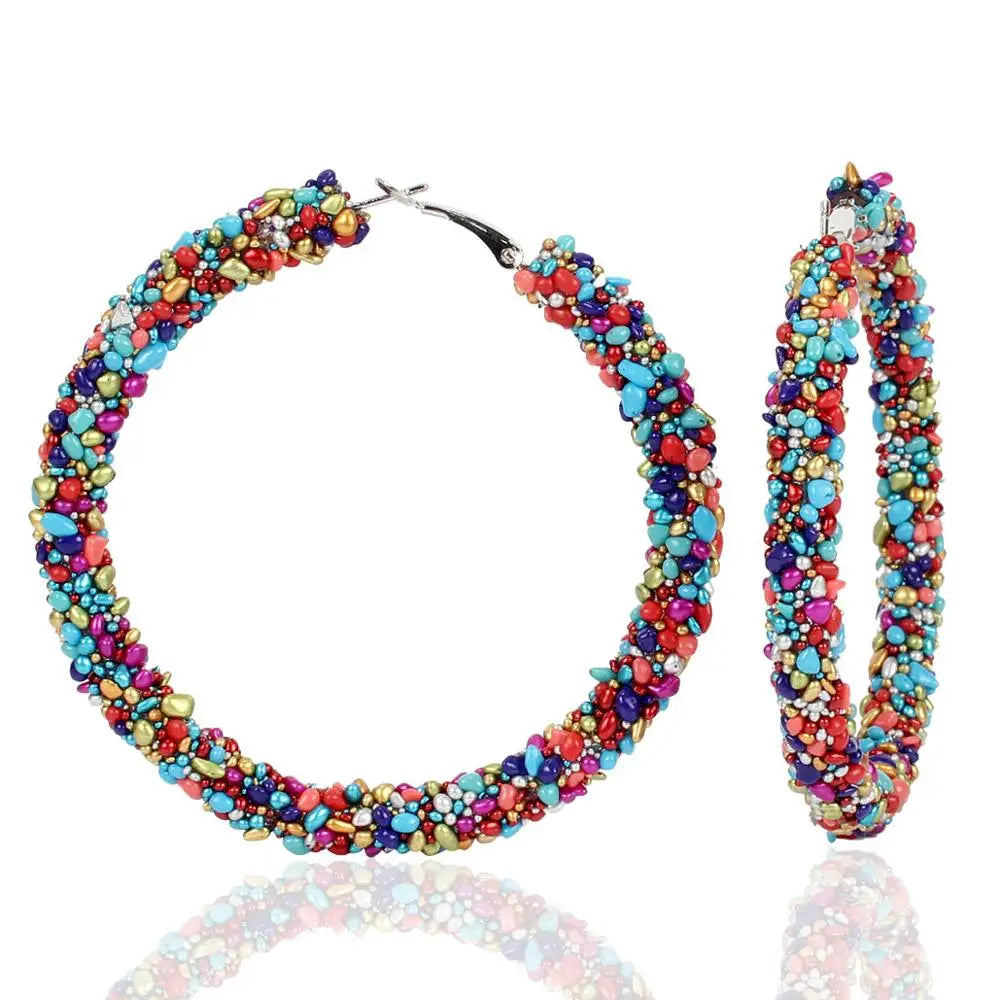 HOVANCI 2020 New Arrival Simple Personalized Multi Color Raw Gemstone Hoop Earrings Beaded Circle Earrings Fashion Jewelry