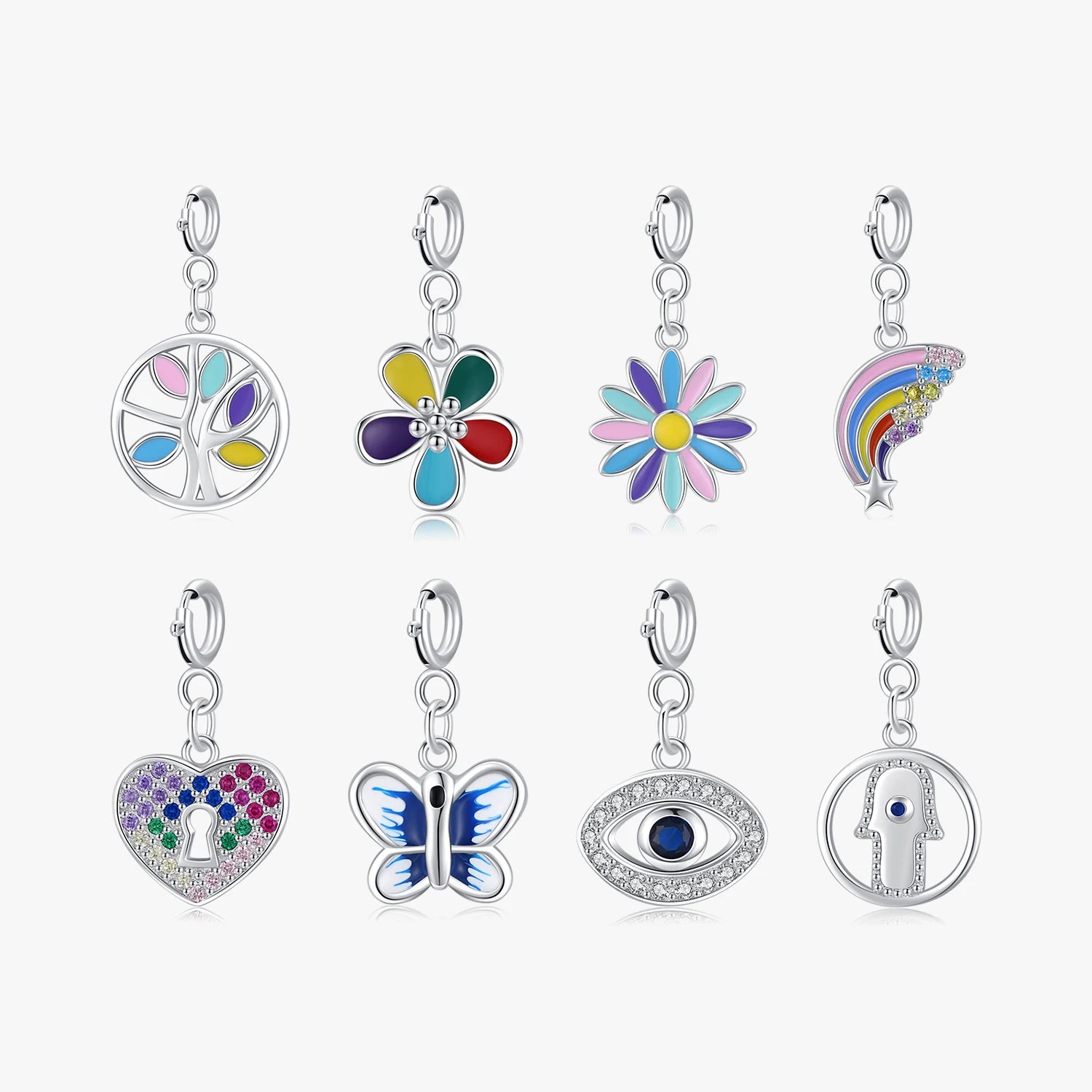925 Sterling Silver Enamel Flower Tree Hearts Rainbow Butterfly Keyhole Evil Eyes Charms for DIY Bracelet or Necklace Jewelry