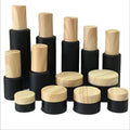 Bamboo Frosted  Matte Black Cosmetic Glass Jar Essential Oil Bottle with Bamboo Lid for Luxury Cosmetic Packaging Set