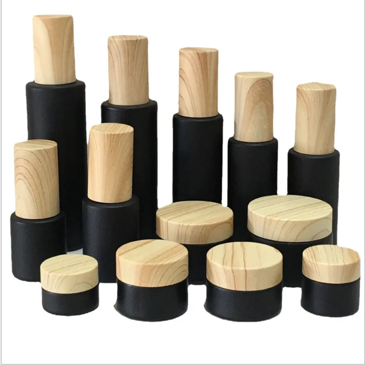Bamboo Frosted  Matte Black Cosmetic Glass Jar Essential Oil Bottle with Bamboo Lid for Luxury Cosmetic Packaging Set