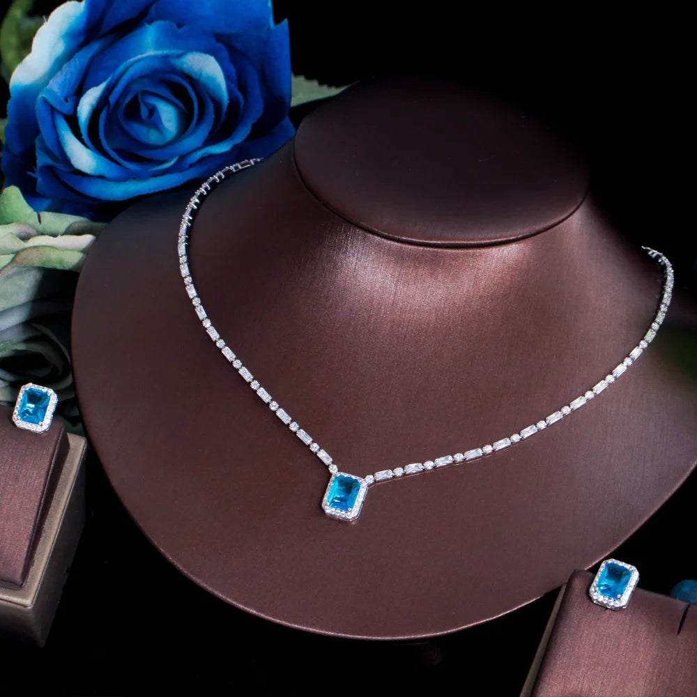 Stunning Blue Square Cubic Zirconia Stone Stud Earrings Baguette Necklace Bridesmaid Fashion Jewelry Set for Evening Party Gift