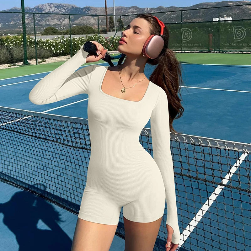Women's Square Neck Long Sleeve Tops Bodysuit Shorts Shapewear Tummy Control Seamless Activewear Jumpsuit Eco-Friendly Four-Way