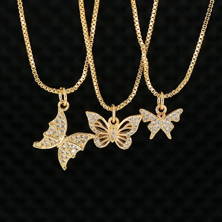 NZ1139 Chic Minimalist 18k Gold Plated Diamond Zircon CZ Pave butterfly Charm Pendant Chain Necklace for Women