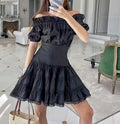2025 Summer New Style One-Shoulder Short-Sleeve Natural Woven Mini Dress Elegant Lace Hollow Design Washable Polyester/Cotton