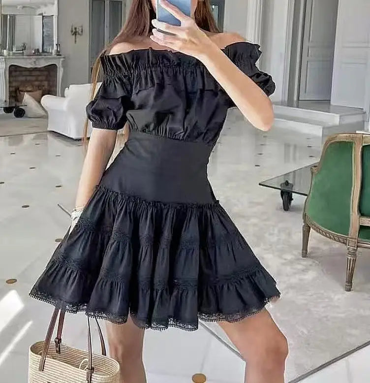2025 Summer New Style One-Shoulder Short-Sleeve Natural Woven Mini Dress Elegant Lace Hollow Design Washable Polyester/Cotton