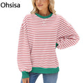 2025 for Amazon Hot Selling Trendy Boxy Crewneck Women's Satin Sweatshirt Casual Long-Sleeve Tops Striped for Autumn Spring