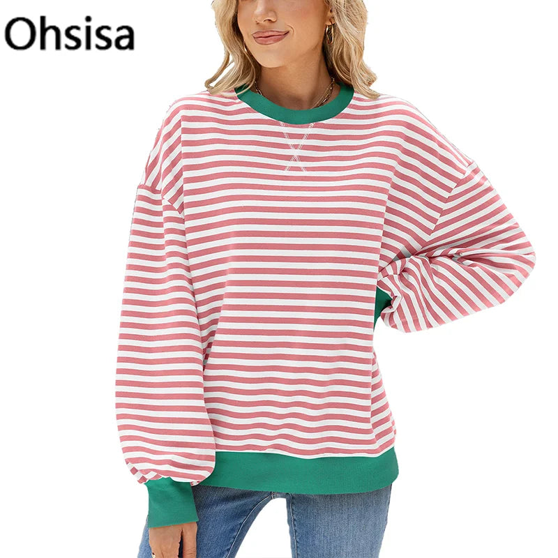 2025 for Amazon Hot Selling Trendy Boxy Crewneck Women's Satin Sweatshirt Casual Long-Sleeve Tops Striped for Autumn Spring