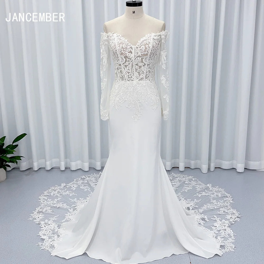 Jancember RSM66546 Off Shoulder V Neck Applique Vintage Plus Size Wedding Dress Lace Wedding Gown