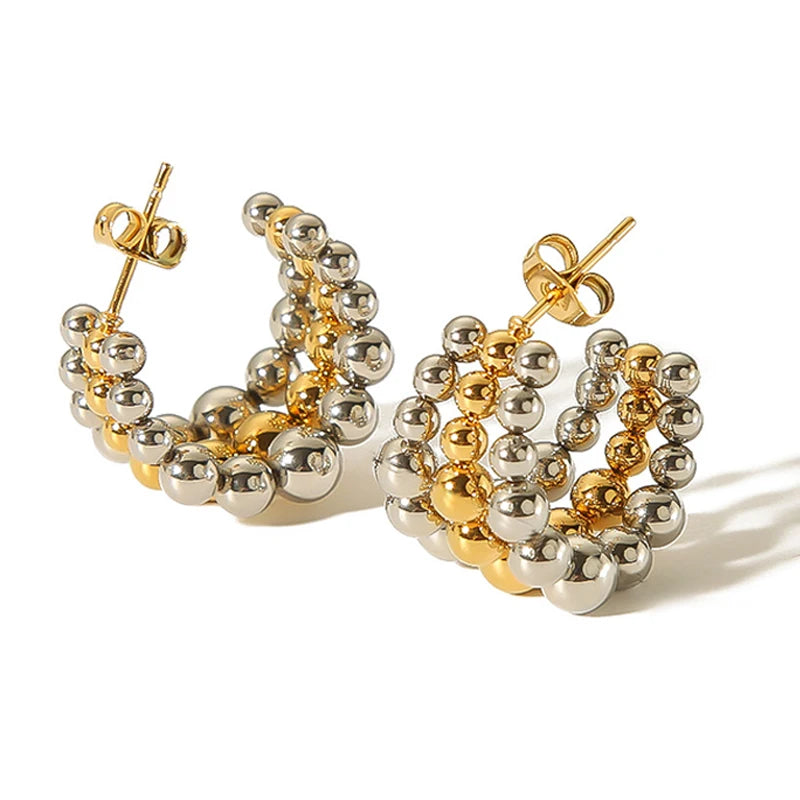Wholesale 18K Gold Plated Stainless Steel Beaded Hoop Earrings Women Fashion Jewelry C Shape Stud Triple Layer Earrings
