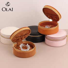 Luxury Zipper Round Portable Jewelry Storage Box PU Leather Velvet Jewelry Accessories Travel Jewelry Box