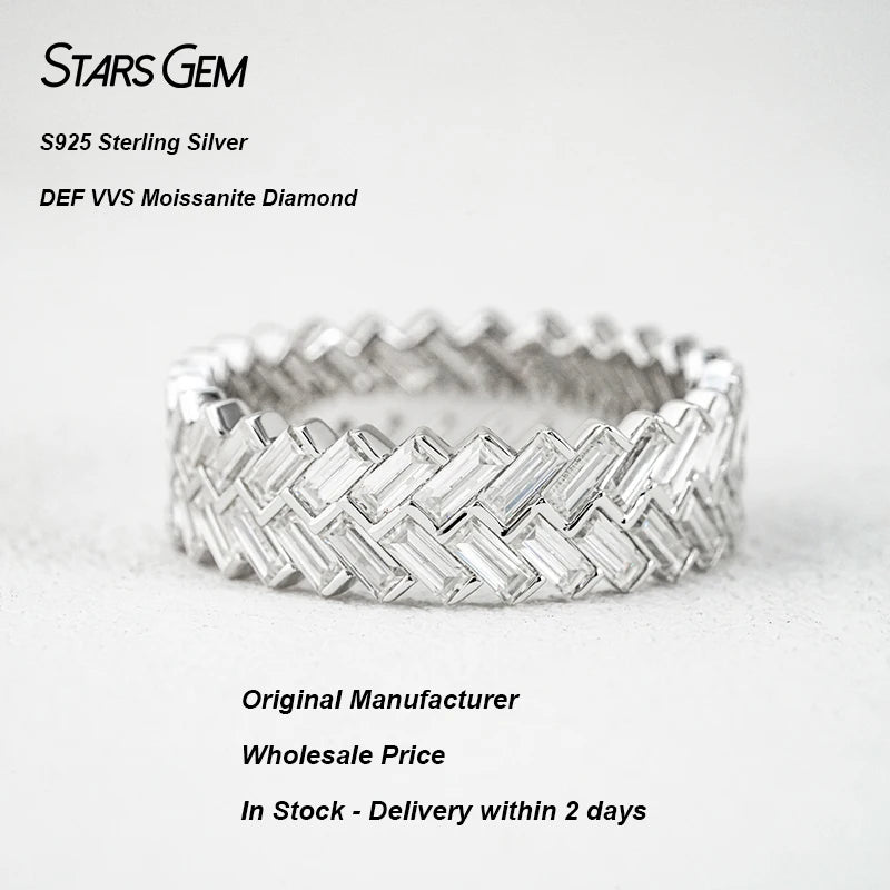 S925 Sterling Silver Ring Double Row Baguette Cut DEF VVS Moissanite Gemstone Band Eternity Wedding Rings for Women Couple