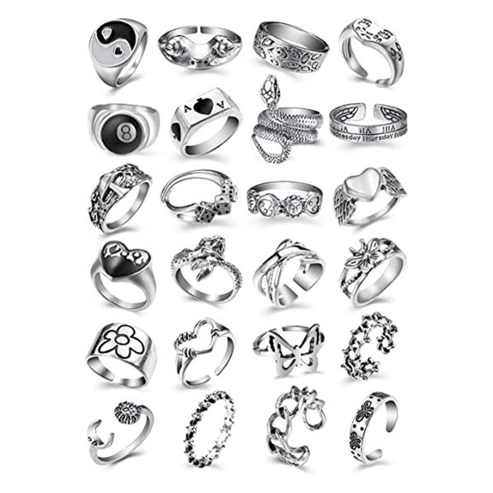 Vintage Silver Open Punk Rings for Men Women 24PCS Adjustable Chunky Bulky Hippie Ring Cool Gothic Skull Snake Star Flower Heart