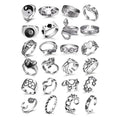 Vintage Silver Open Punk Rings for Men Women 24PCS Adjustable Chunky Bulky Hippie Ring Cool Gothic Skull Snake Star Flower Heart