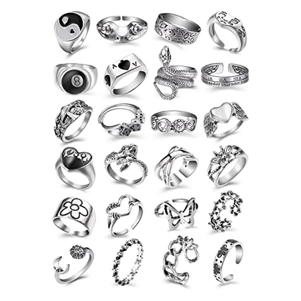 Vintage Silver Open Punk Rings for Men Women 24PCS Adjustable Chunky Bulky Hippie Ring Cool Gothic Skull Snake Star Flower Heart