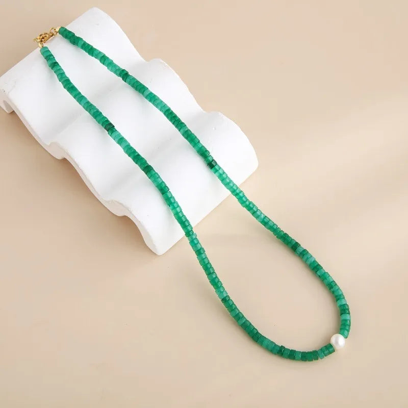 Custom Semi-Precious Gemstone Necklace Natural Green Aventurine Beaded Necklace Pearl Charm Adjustable Jewelry for Women Gift