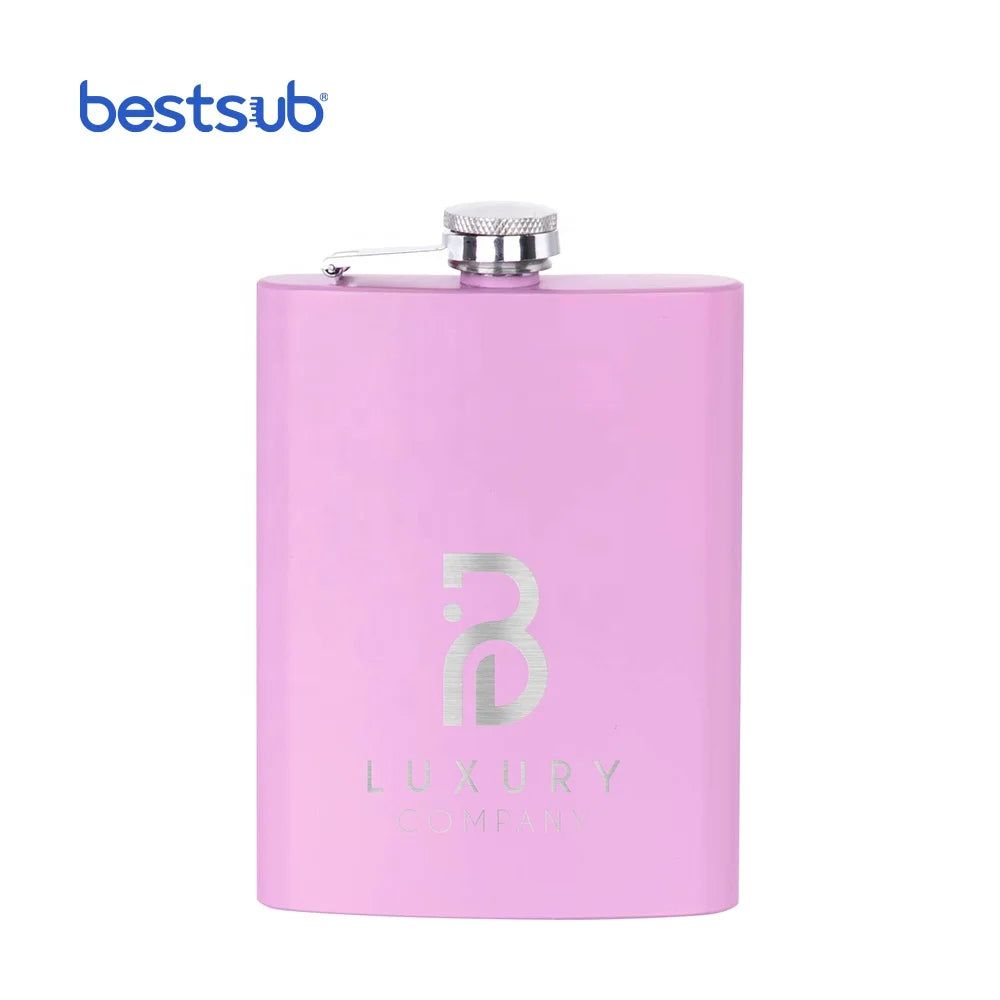Customized Mini 8oz 240ml Stainless Steel Hip Flask Pink Matt Surface for Camping and Laser Engraving Promotion